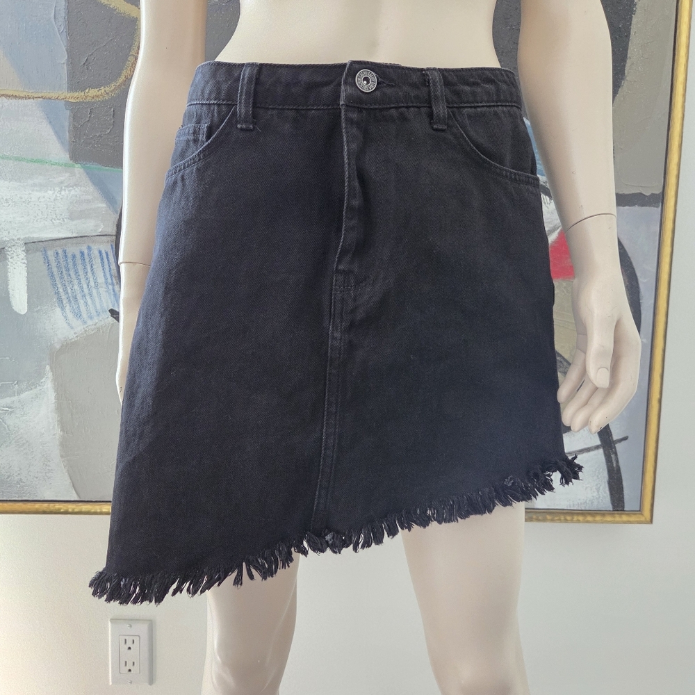 Cache Cache | Denim Skirt with Aysemmetric Fringe Hem